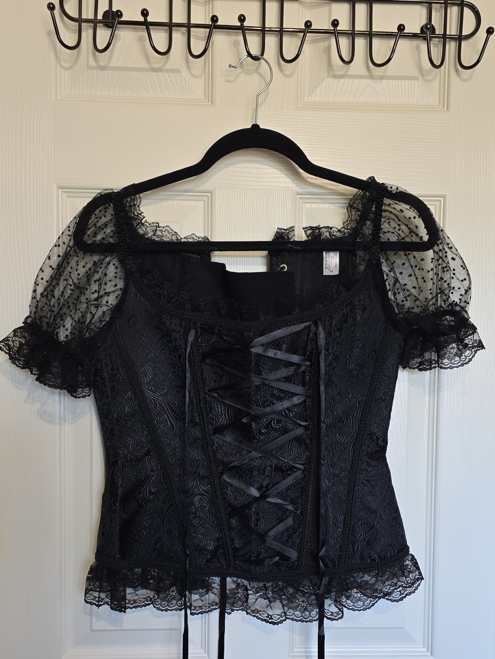 Black Lace-Up Corset Blouse with Sheer Puff Sleeves